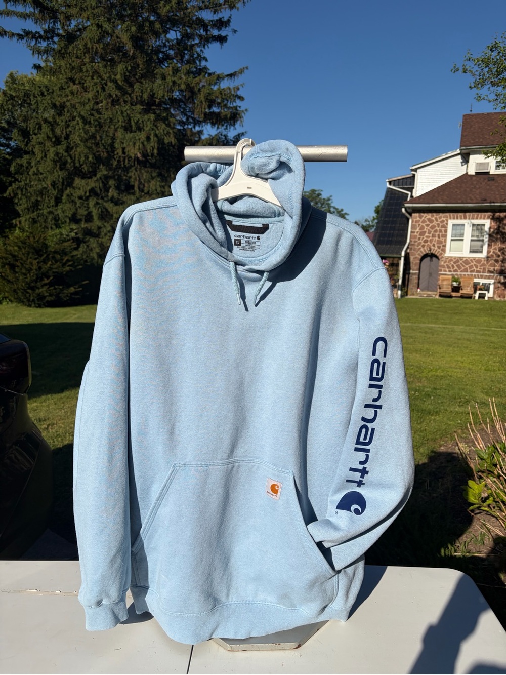 Carhartt Sky Blue Fleece Pullover Hoodie Hooded Sweatshirt Men XL Loose Fit - Picture 3 of 7